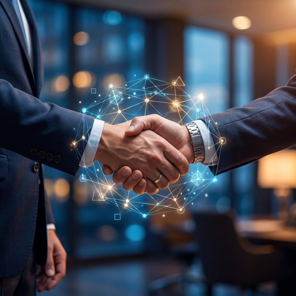 handshake, business deal, collaboration, joined hands, agreement, network technology, technology, long sleeves, formal suit, lights in background, contract, services, communication, two businessmen, partnership agreement, male hands, box, metal watch, digital transformation